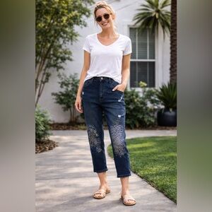 Cato Denim High Rise Girlfriend Crop Blue Patch Straight Leg Denim NWT Jeans 14